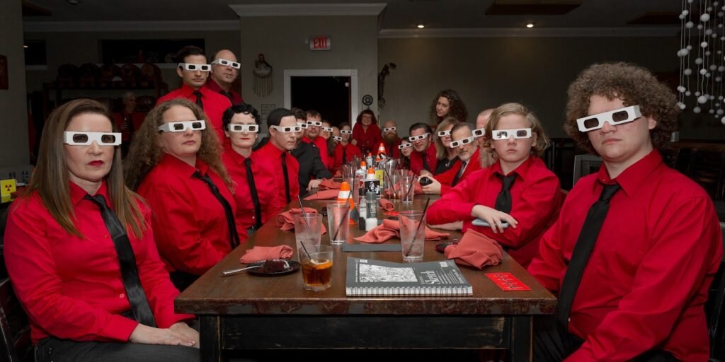 Kraftwerk wedding-goers in 3D glasses.